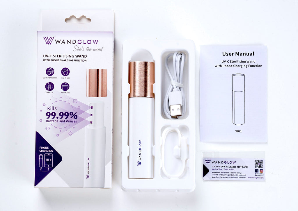 'WG1' packaging and accessories include: UV-C wand, USB-C cable, Rubber lanyard, Re-usable UV-C test card, User manual booklet.