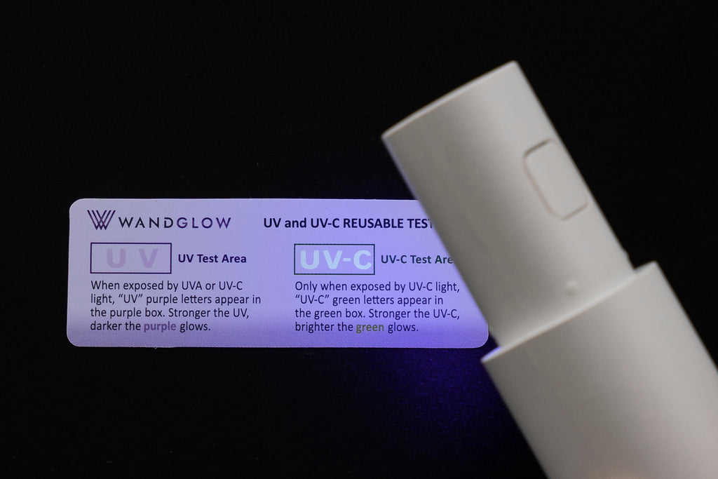 Instant result seen when exposed by true UV-C light. Green luminescent [UV-C] letters appear instantly when irradiated by a legitimate UV-C sterilising wand.